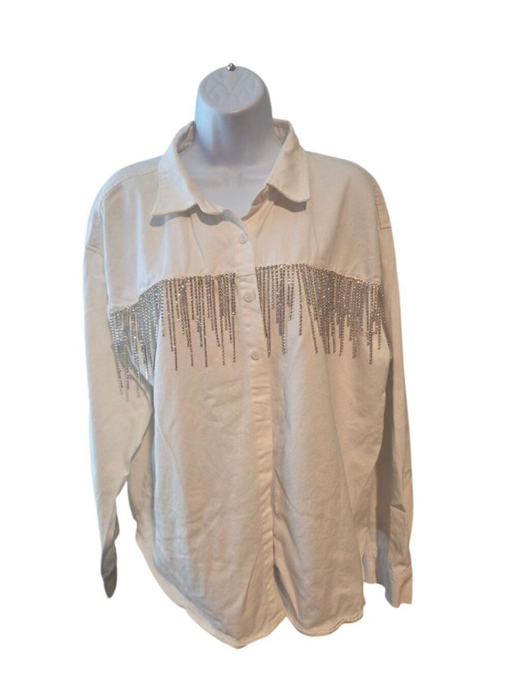 Gilli Womens L White Rhinestone Fringe Button Down Shirt Western Cowgirl Glam